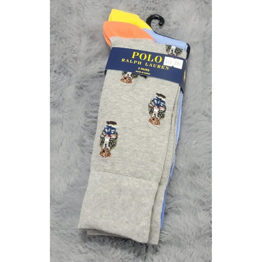 Polo Ralph Lauren Socks Mens 10-13 Polo Bear Gray Colorblock Crew 2 Pack
